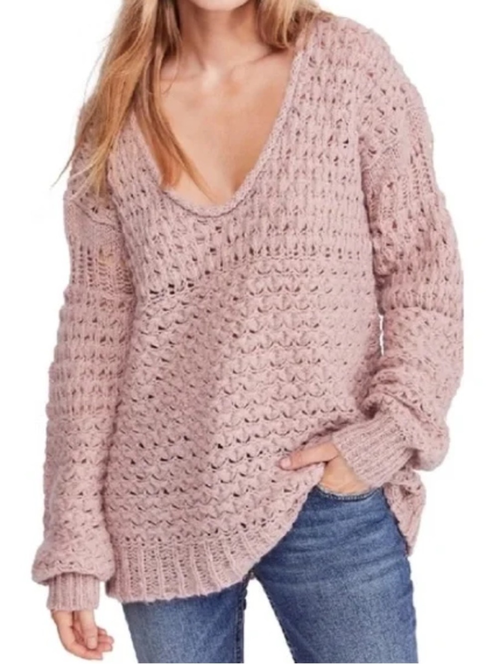 Free People Openwork V-Neck Sweater Mauve Crashing Waves Size M